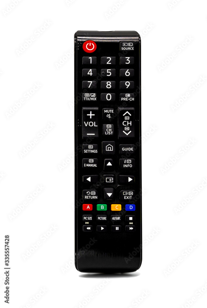 Black TV remote control with a colorful button on a white background or isolated Black TV remote control with a colorful button on a white background or isolated