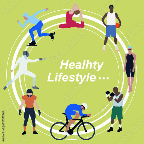 Fototapeta Naklejka Na Ścianę i Meble -  Healthy lifestyle. Isolated vector background of male and female athletes performing various sports events. Gymnast, football player, swimmer, boxer, cyclist, Rugby, fencing. Fitness, sports.