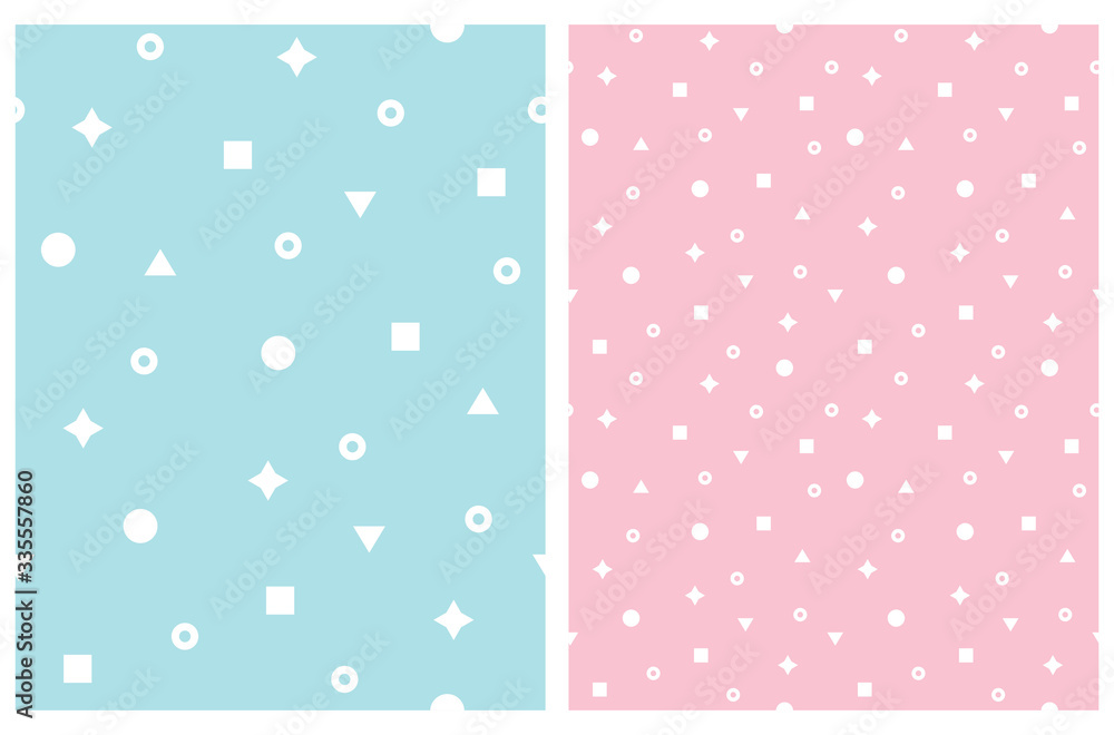 Simple Geometric Seamless Vector Pattern with White Dots, Triangles, Stars, Circles and Squares Isolated on a Pastel Blue and Light Pink Background. Cute Memphis Style Abstract Print. Simple Geometric Seamless Vector Pattern with White Dots, Triangles, Stars, Circles and Squares Isolated on a Pastel Blue and Light Pink Background. Cute Memphis Style Abstract Print.
