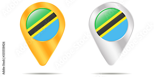 Map of pins with flag of Tanzania. On a white background