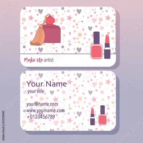 Makeup artist business card. Vector template with cosmetic pattern: cream, lipstick, mascara, nail polish, perfume, lipstick, eye shadows, brush, powder. Doodle design. Fashion and beauty background. 
