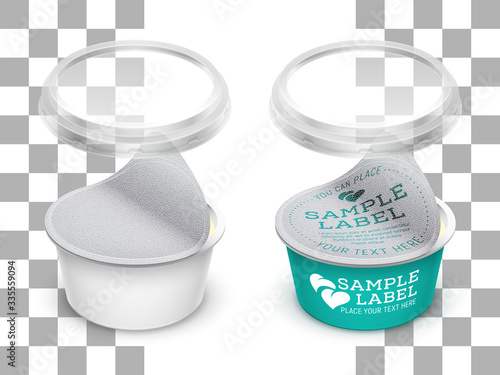 Vector labeled open plastic round container with opened foil and transparent lid. Packaging mockup illustration.