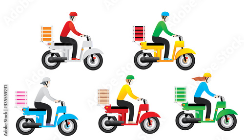 Set of delivery man riding scooter for courier and food service. Vector illustration