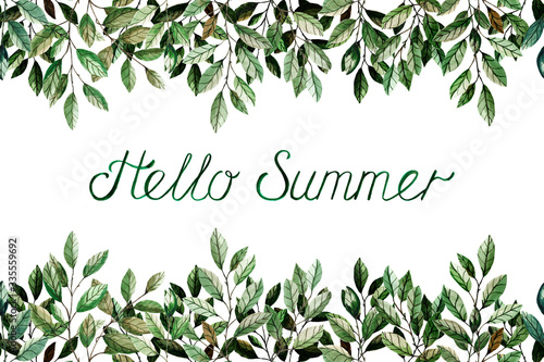 Horizontal seamless botanical border. Sprigs and leaves of birch, olives are drawn by hand on a white background. Lettering tassel hello summer. Ornament for a tablecloth, card, print.