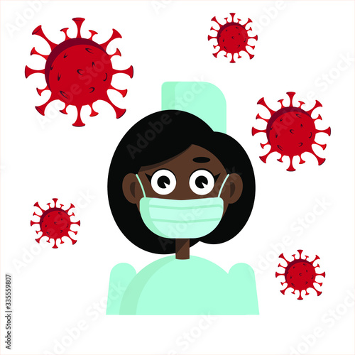 female doctor in a mask next to the virus covidr-19 vector 