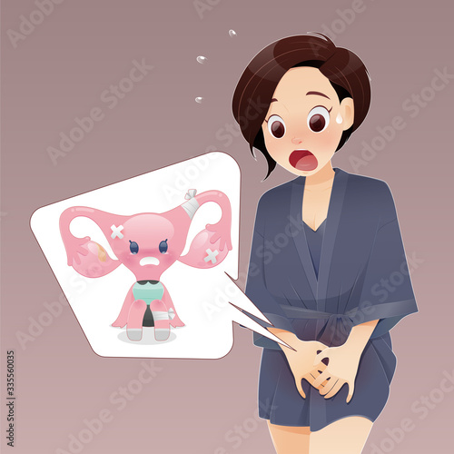 Cartoon woman in dark purple sleepwear with genital itching caused by the fungus