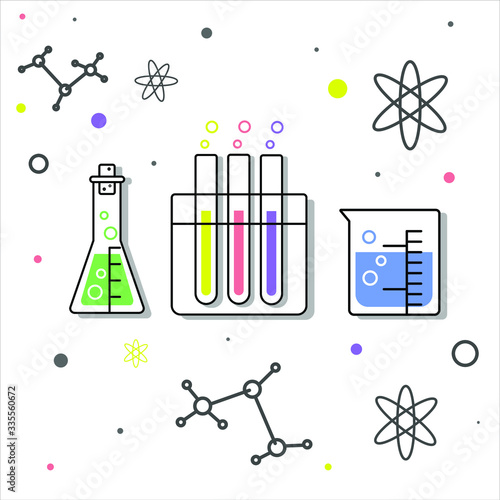 isolated measuring flasks with experiments and liquid on a white background vector