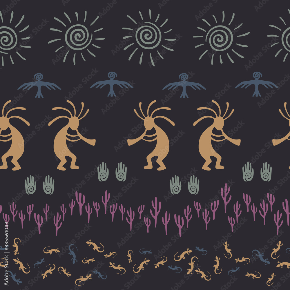 Obraz premium Mythical, design with trickster god, swirl icons on human palm, sun, eagle.