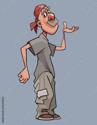 cartoon happy man in gray clothes and bandana raised his hand palm up