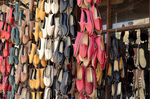 Traditional handmade shoe Yemeni hanging in front of the shops in Gaziantep Turkey