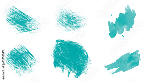 Set of turquoise watercolor splashes, blot and scratches
