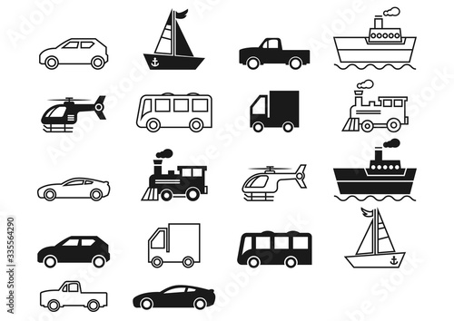 thin line icons,solid icons for car,truck,bus,helicopter,pickup truck,train,boat,ship,transportation,vector illustrations