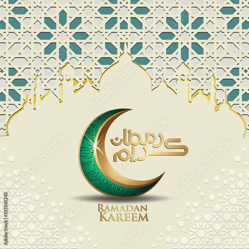 Luxurious and elegant design Ramadan kareem with arabic calligraphy, crescent moon and mosque line Islamic ornamental colorful detail of mosaic for islamic greeting.Vector illustration.