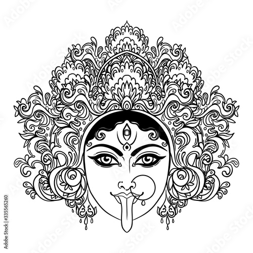Portrait of Indian Hindi goddess Kali. Female blue head with open moth and out stuck tongue. Destroyer of evil forces. Diety, spiritual art. Occultism and witchcraft. Vector isolated illustration.