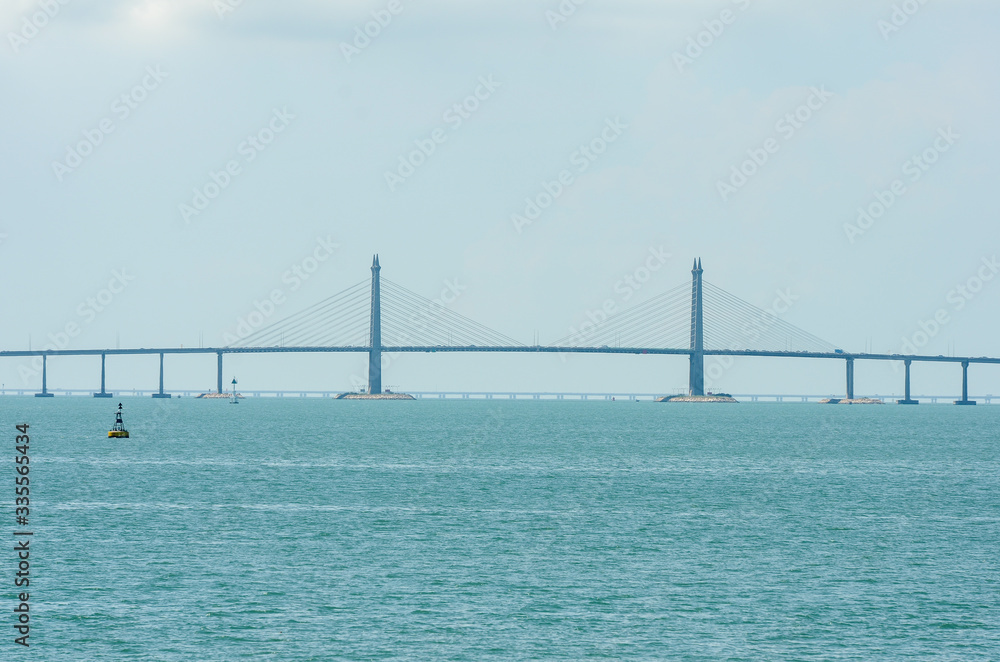Main Span Stayed Cable of Penang Bridge, Malaysia in blue weather.