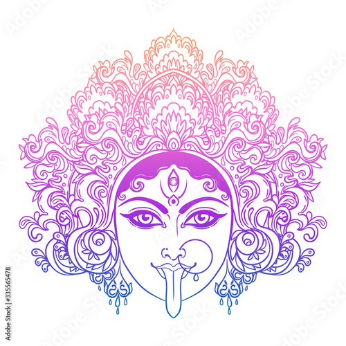 Portrait of Indian Hindi goddess Kali. Female blue head with open moth and out stuck tongue. Destroyer of evil forces. Diety, spiritual art. Occultism and witchcraft. Vector isolated illustration.