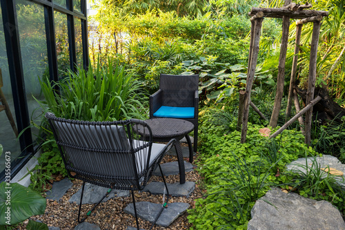 Outdoor coffee desk chairs in garden