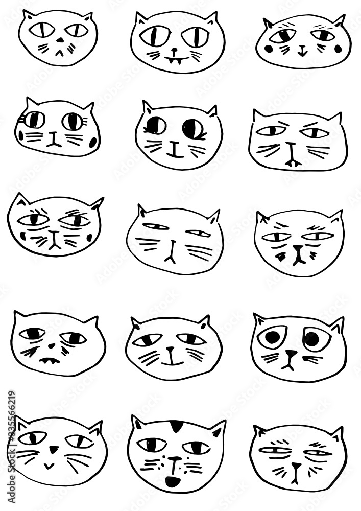 set of pencil funny cat faces 