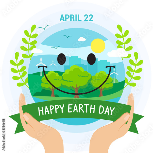 Happy Earth Day greeting card vector illustration. Smiling green planet earth, Save the world concept