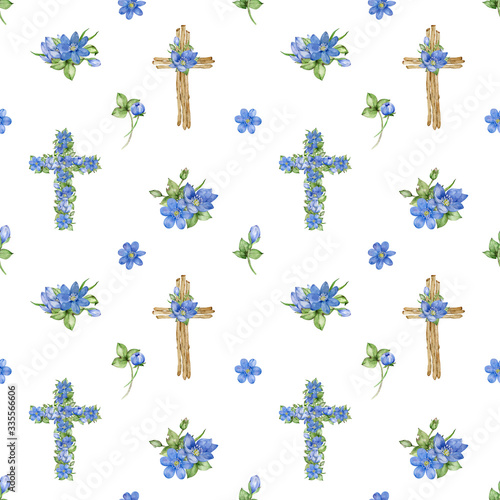 Watercolor seamless pattern with wooden and floral crosses decorated with flowers. First spring flowers - hepatica