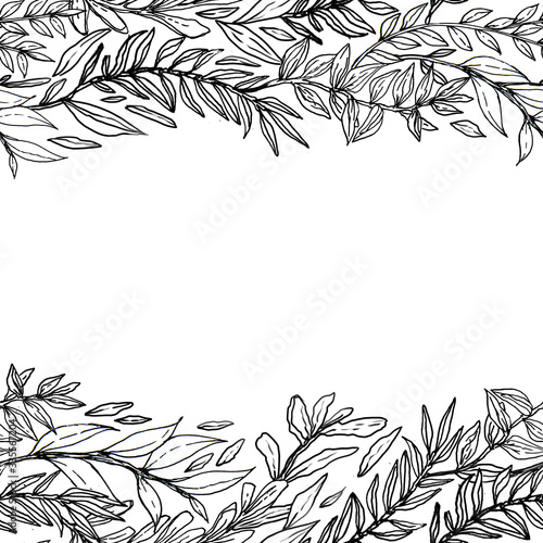 black white hand-drawn pattern of leaves. for use in office, fabric, wrapping white backgroung for text
