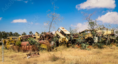 Crushed Army Cars on the Tank Graveyard in Asmara, Eritrea