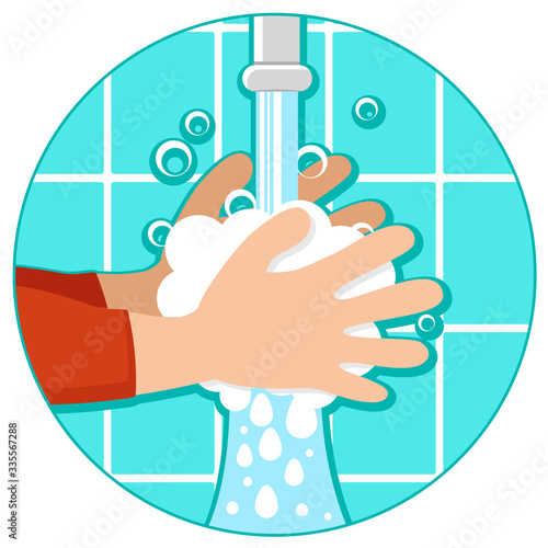 Man washes his hands under the tap in the bathroom, logo on a white background. Hand disinfection