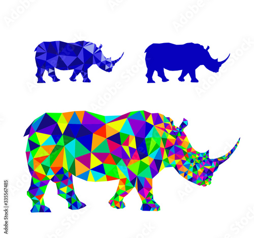 Beautiful colorful Rhino.A multicolored rhinoceros consisting of colored triangles.Silhouette of rhinoceros
