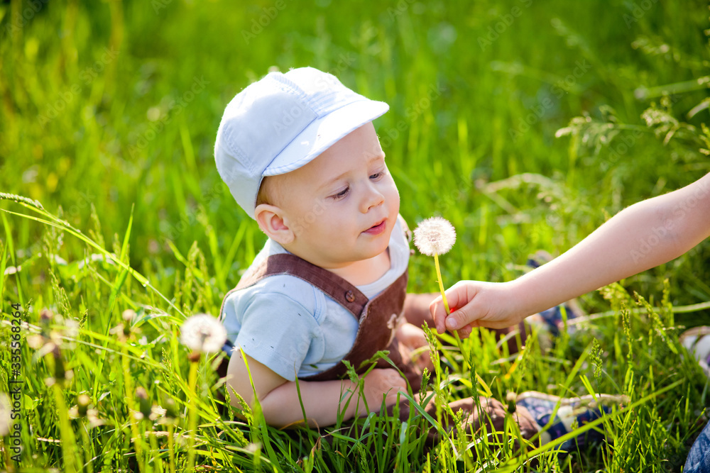 Beautiful little boy with long hair in the park blowing dandelion at sunset. Child playing with dandelion in spring park Beautiful little boy with long hair in the park blowing dandelion at sunset. Child playing with dandelion in spring park