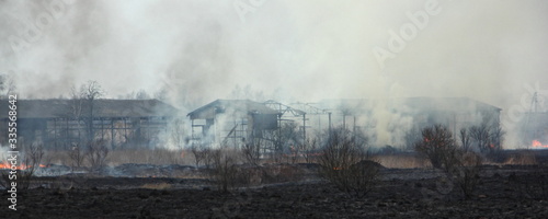 Obraz na płótnie Fire on abandoned farm, panoramic view through the smoke on the ashes rural shads w salonie