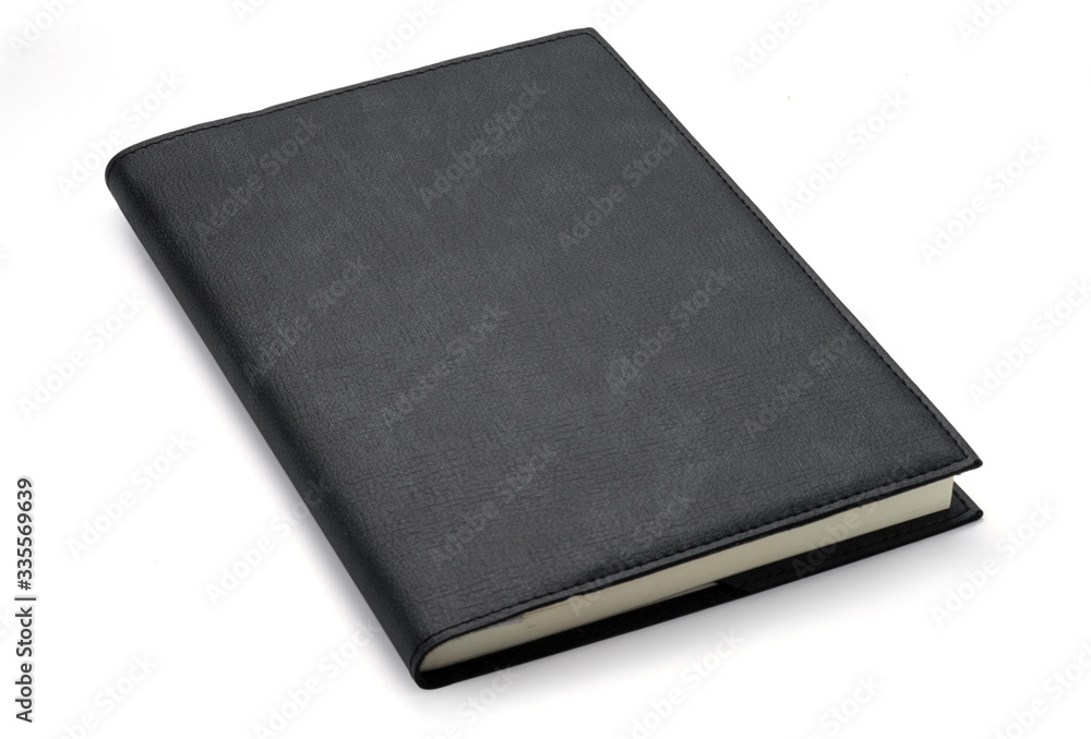 Closeup of top view leather black notebook on white background.Isolated with clipping path photo. Closeup of top view leather black notebook on white background.Isolated with clipping path photo.
