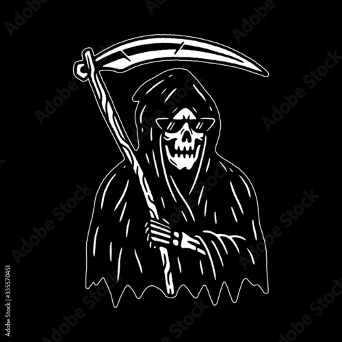 GRIM REAPER WITH SCYTHE WHITE BLACK BACKGROUND