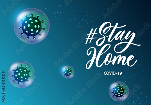 Stay at home during coronavirus outbreak concept. Concept prevention COVID-19 disease with virus cells, glossy realistic ball on blue background.