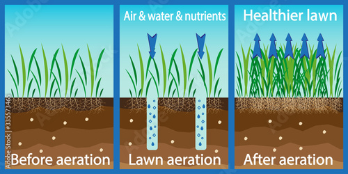 Aeration of the lawn. Enrichment with oxygen water and nutrients to improve lawn growth. Before and after aeration: gardening, lawn care services. Advantages, aeration