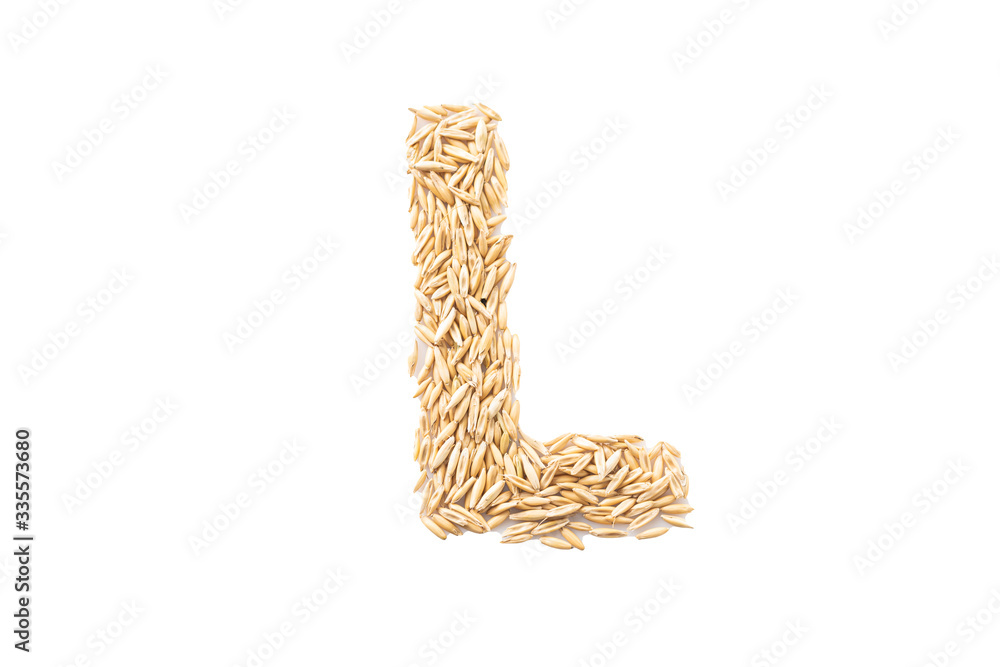 Alphabet on a white background. The letters are made of oat seeds. Alphabet on a white background. The letters are made of oat seeds.