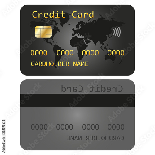 Realistic detailed debit card, credit card design template. ATM card layout with gold metallic gradient and black stripe. Bilateral construction. Isolated on white background. Vector