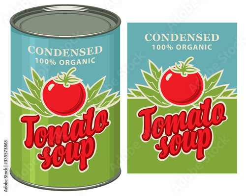 Vector banner for condensed tomato soup. Decorative label with a ripe red tomato, green leaves, inscription and a tin can with this label. Canned food during quarantine, long-term storage product