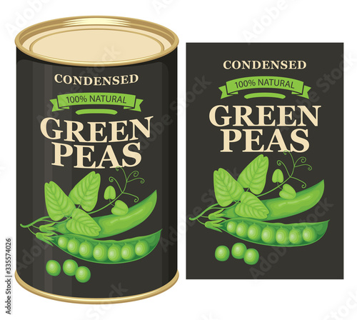 Vector banner for canned green peas. Decorative label with a realistic green peas, pods, tendrils, leaves and a tin can with this label. Canned food during quarantine, long-term storage product