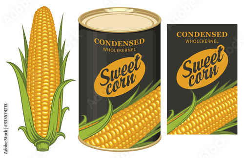 Vector banner for canned sweet corn with corn cob, label and tin can. Label design with a corn cob and inscription on a black background. Long-term storage product, canned food during quarantine