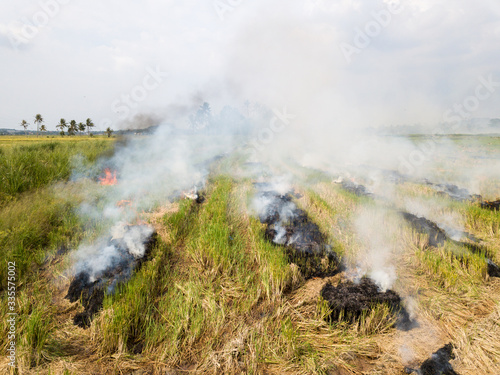 Aerial view smoke release from burning of paddy field.