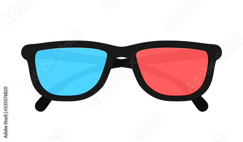 3d glasses isolated on background. Three-dimensional plastic glasses with red and blue lenses. Eyeglasses for 3d illusion in movie, films and images