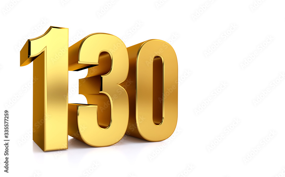 one hundred thirty, 3d illustration golden number 150 on white background and copy space on right hand side for text one hundred thirty, 3d illustration golden number 150 on white background and copy space on right hand side for text