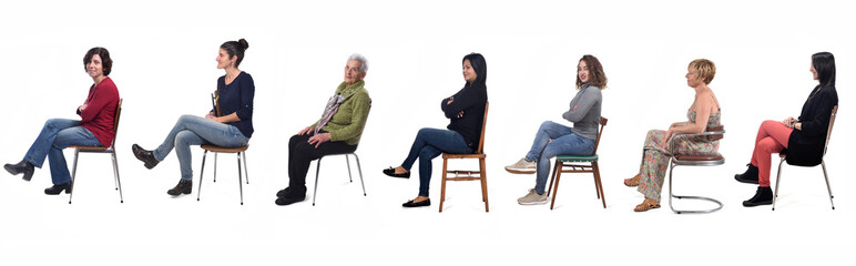 group of women sitting on chair on white background, side view
