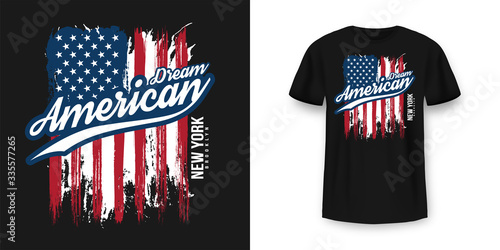 T-shirt graphic design with american flag and grunge texture. New York City typography t shirt and apparel design. Vintage and authentic print on t-shirt mockup