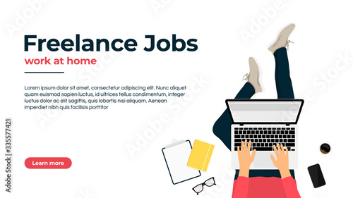 Freelancer working at home on laptop. Work at home, freelance jobs and vacancies concept. Freelancer character sitting with laptop at the comfortable workplace, top view