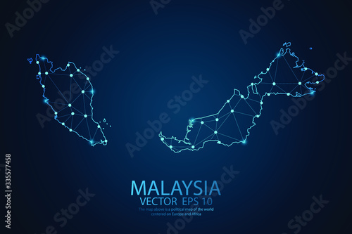 Abstract mash line and point scales on dark background with map of Malaysia. Wire frame 3D mesh polygonal Network line, design sphere, dot and structure. Vector illustration eps 10