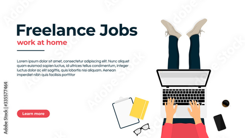 Freelancer working at home on laptop. Work at home, freelance jobs and vacancies concept. Freelancer character sitting with laptop at the comfortable workplace, top view