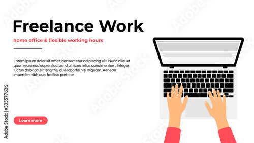 Freelancer working at home on laptop. Work at home, freelance jobs and vacancies concept. Freelancer character sitting with laptop at the comfortable workplace, top view
