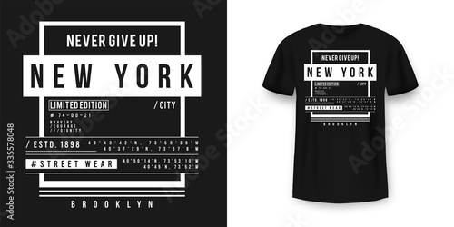 T-shirt graphic design in minimalistic style. New York City typography t shirt and apparel design. Urban and authentic print on t-shirt mockup