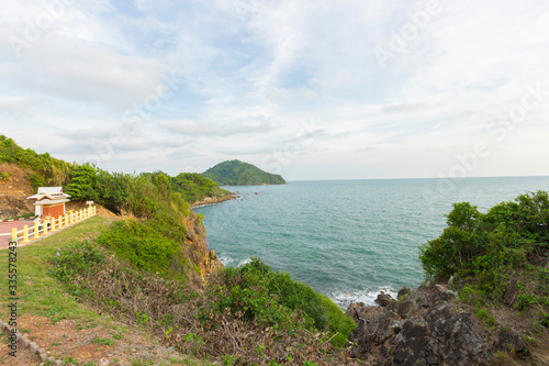 Beautiful view point of tropical sea and island with mountain cliff and rocks in Noen Nangphaya View Point at Chalerm Burapha Chonlathit Highway, Chanthaburi, Thailand.